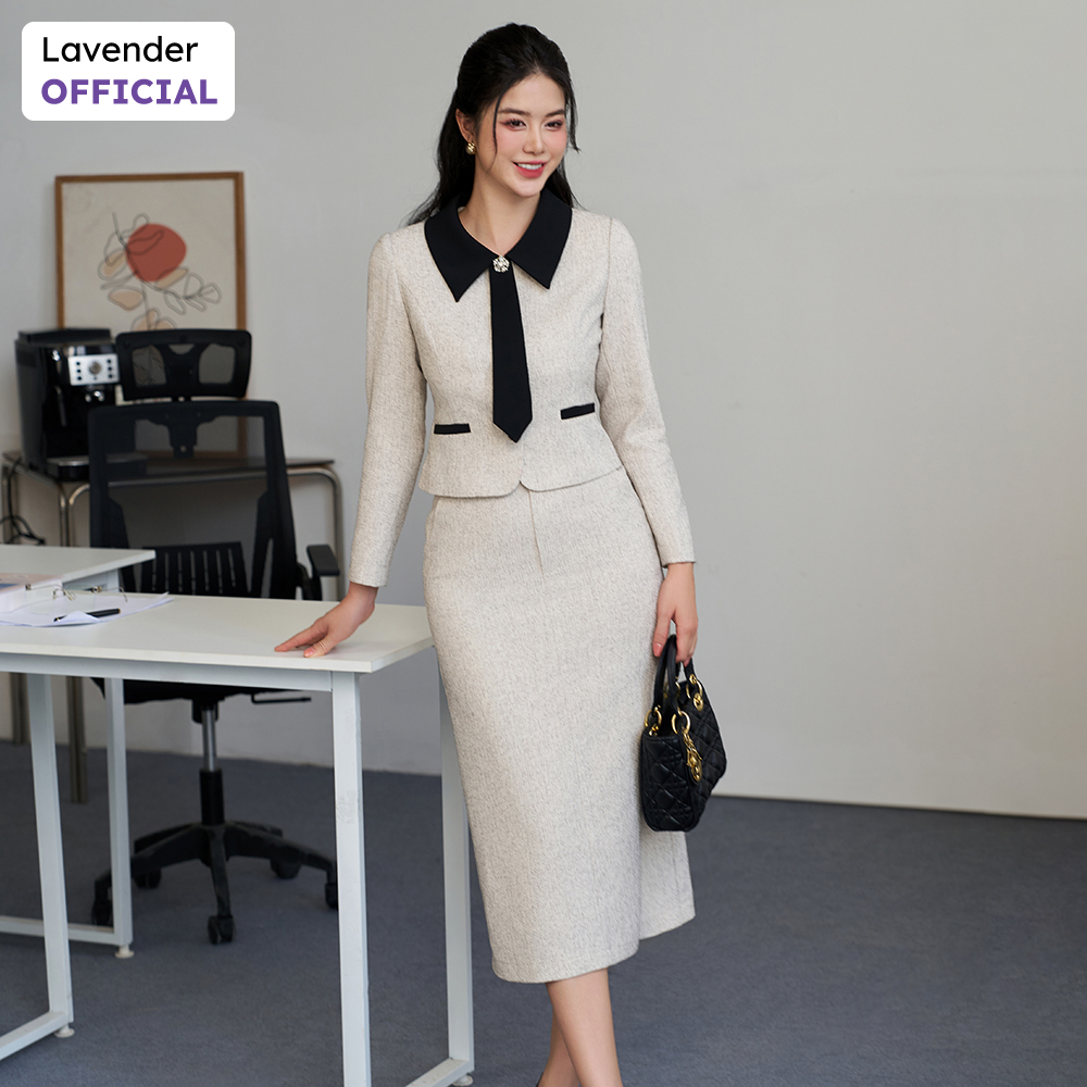 Set dạ tweed nữ LAVENDER màu  muối tiêu cổ bẻ phối và vạt sang chảnh S4070