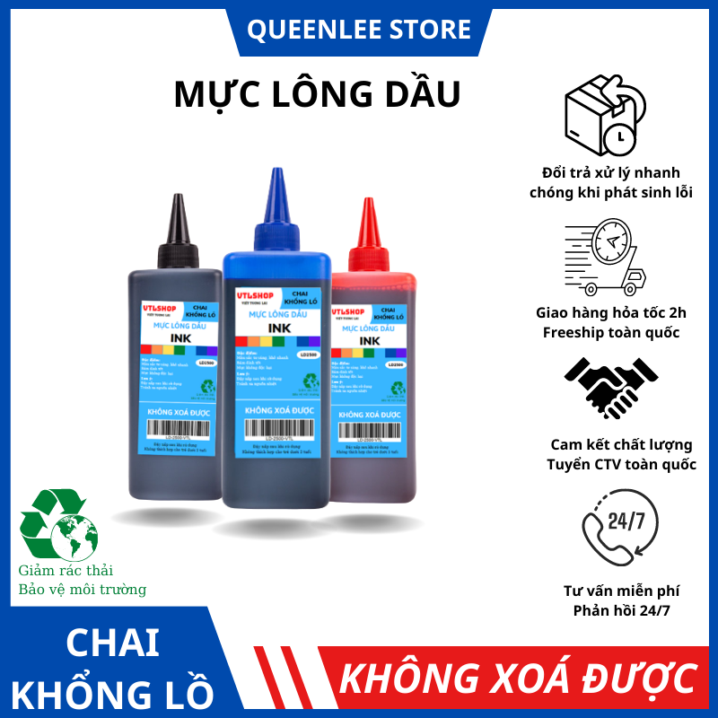 Mực đổ bút lông dầu mực bút đánh dấu 3 màu xanh đỏ đen không xoá được chai khổng lồ 500ml queen lee store