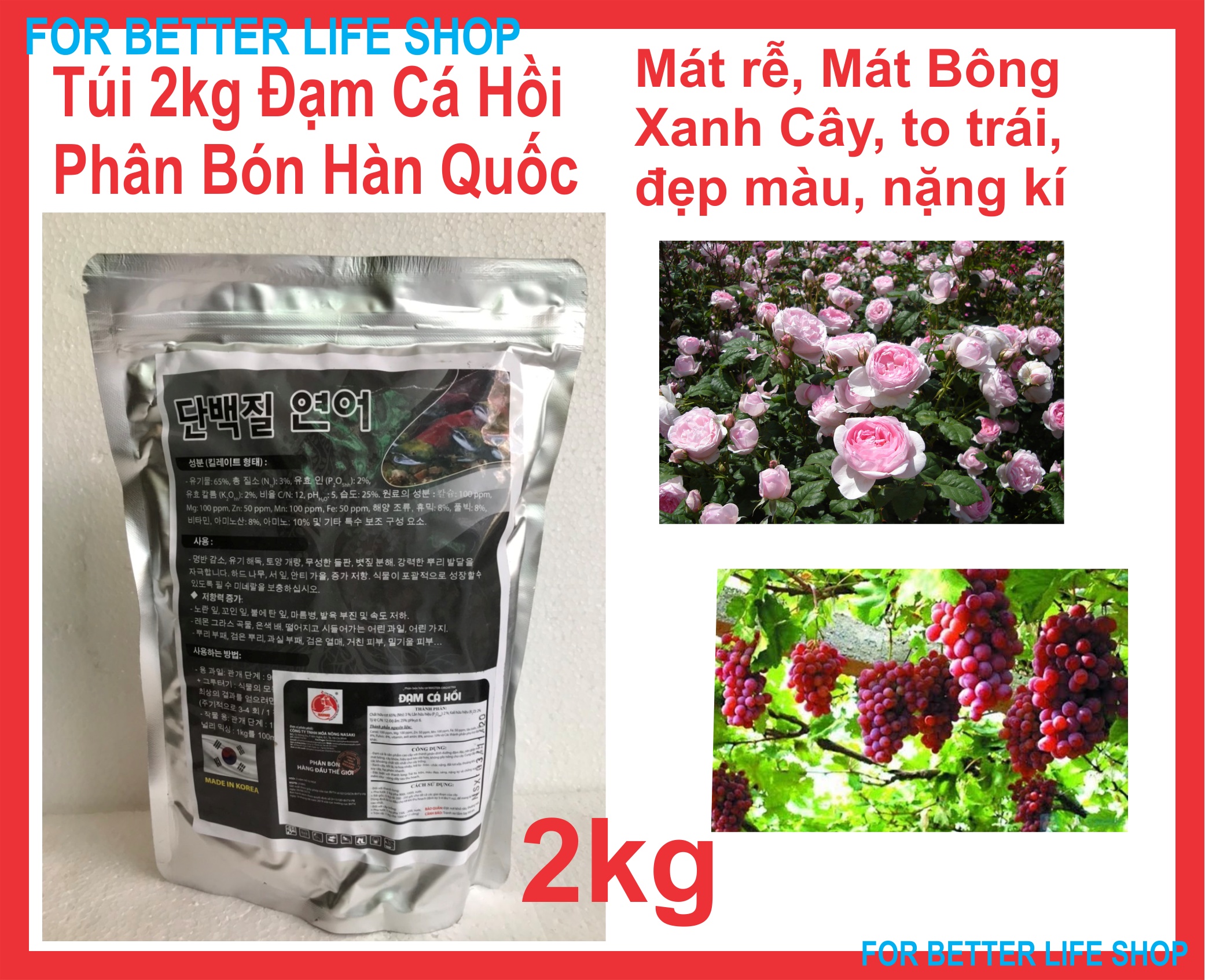 Phân Bón Rễ Đạm Cá Hồi Hàn Quốc túi 2kg, Dùng cho Hoa Kiểng và cây trồng mát rễ xanh cây