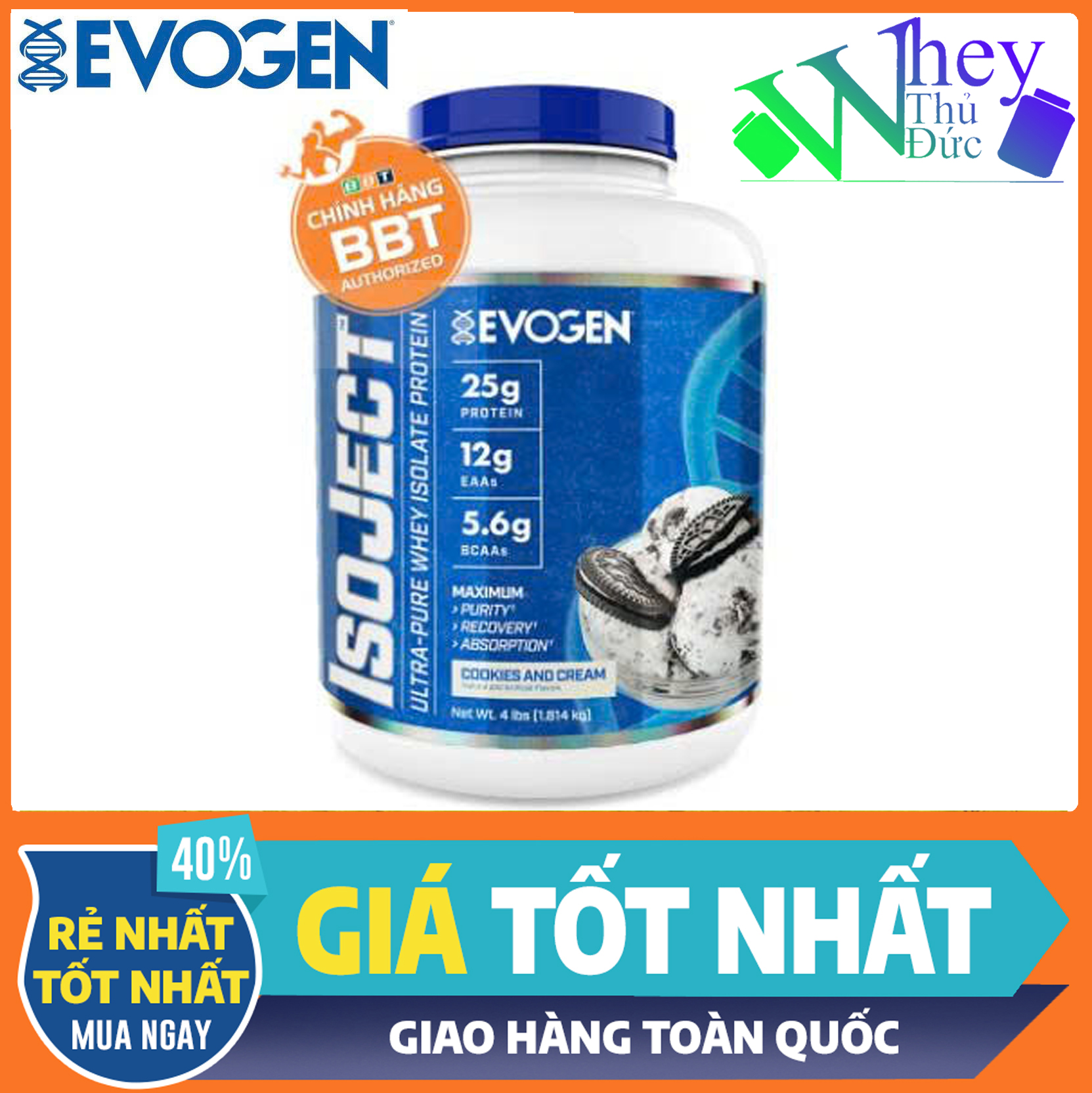 Evogen IsoJect Whey Protein (1.8kg 55sv)vị Peanut, Sữa Đạm 100% Whey Protein Isolate Hấp Thu Nhanh