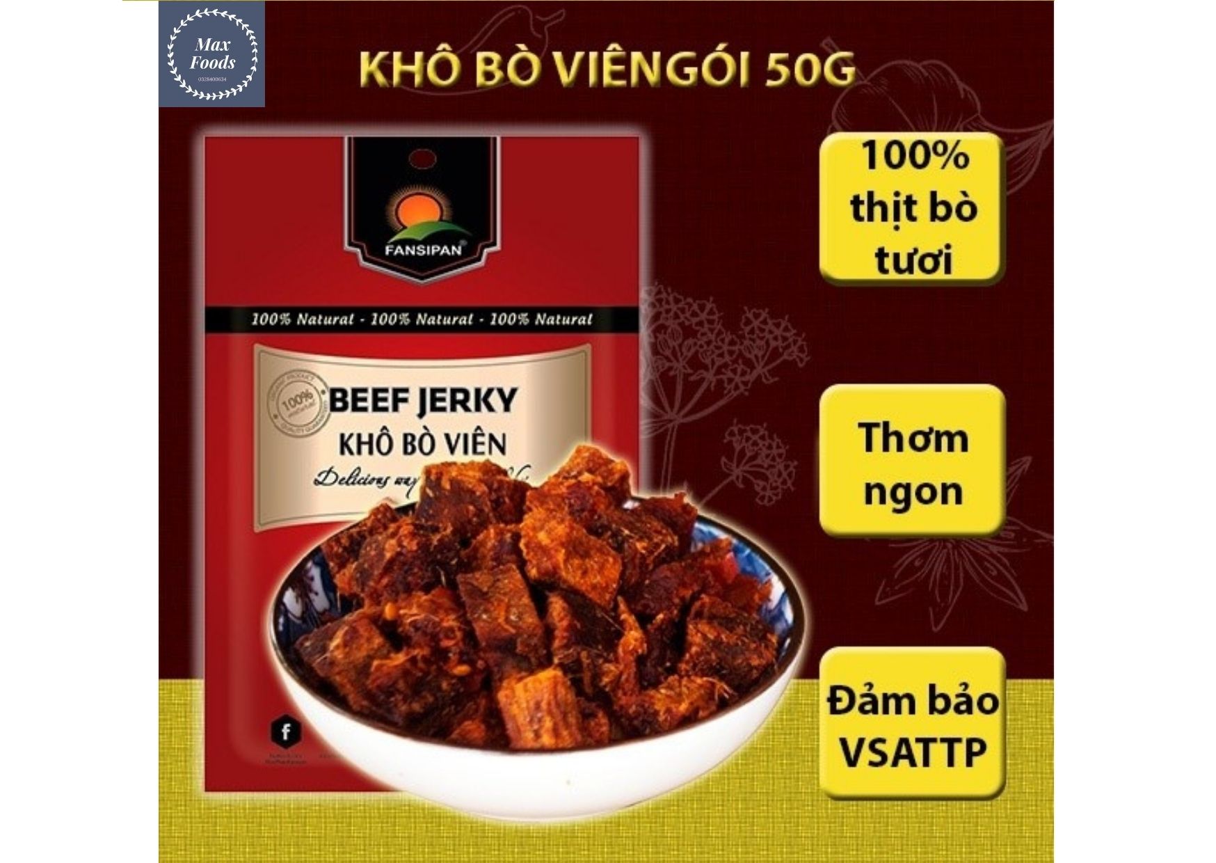 [RẺ VÔ ĐỐI - Ăn vặt quốc dân ] Khô Bò Viên thượng hạng gói 50gr loại 1 - M07- Max Foods - bò khô viên thơm ngon- đảm bào vệ sinh an toàn thực phẩm - khô bò giòn - đậm vị