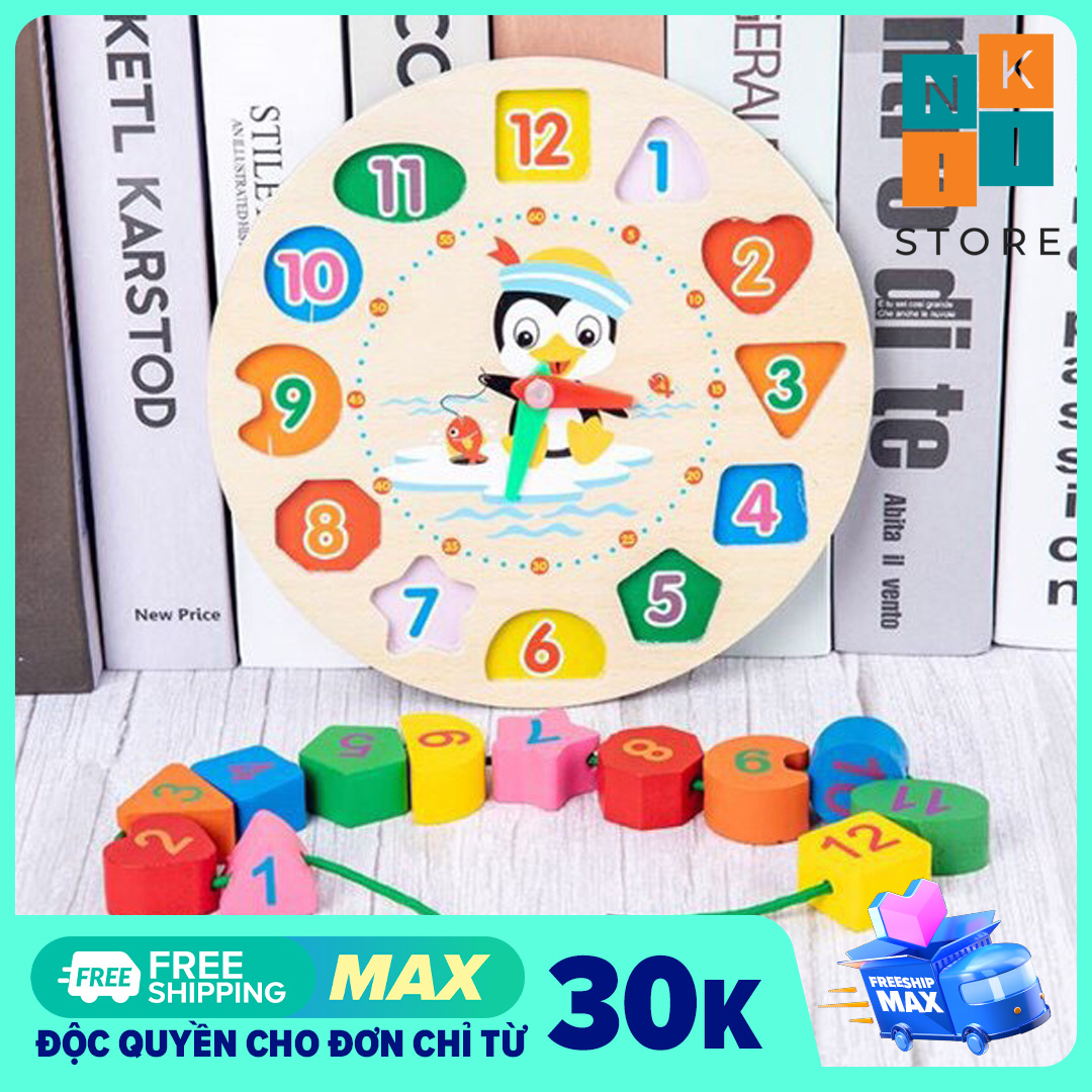 [Giảm 50%] Đồng hồ gỗ xếp hình, đồ chơi đồng hồ hình khối (Kèm dây xâu chuỗi hạt) - Đồ chơi gỗ, đồ chơi cho bé - Niki Store