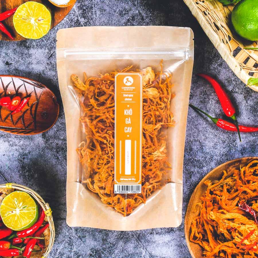 Khô gà cay L'ANGFARM - Đặc sản Đà Lạt 125g/bịch,mẫu kraft 1 mặt trong