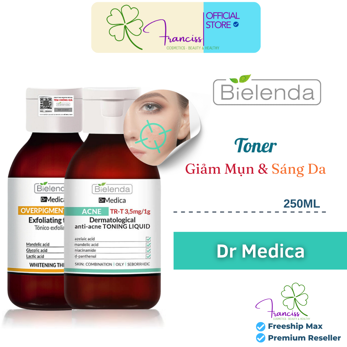 Toner Giảm Mụn Bielenda Dr Medica Làm Dịu Da, Sạch Sâu, Sáng Da & Kiềm Dầu Nhờn 250ml