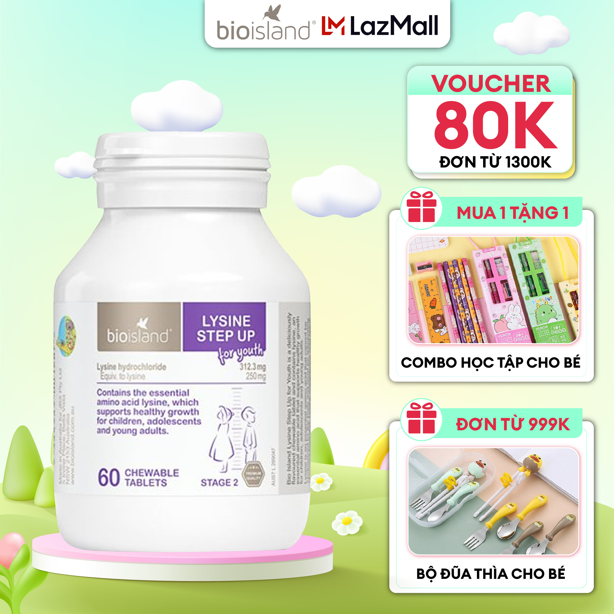 Viên uống tăng chiều cao cho bé Bioisland Lysine Step Up For Youth 60 viên của Úc cho trẻ từ 6 tuổi trở lên