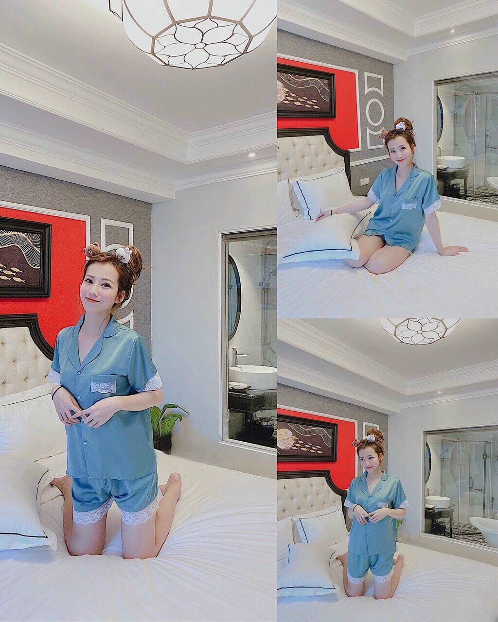Set bộ đồ ngủ bộ đồ ngủ ngắn chất liệu lụa phối ren có túi ngực .qc