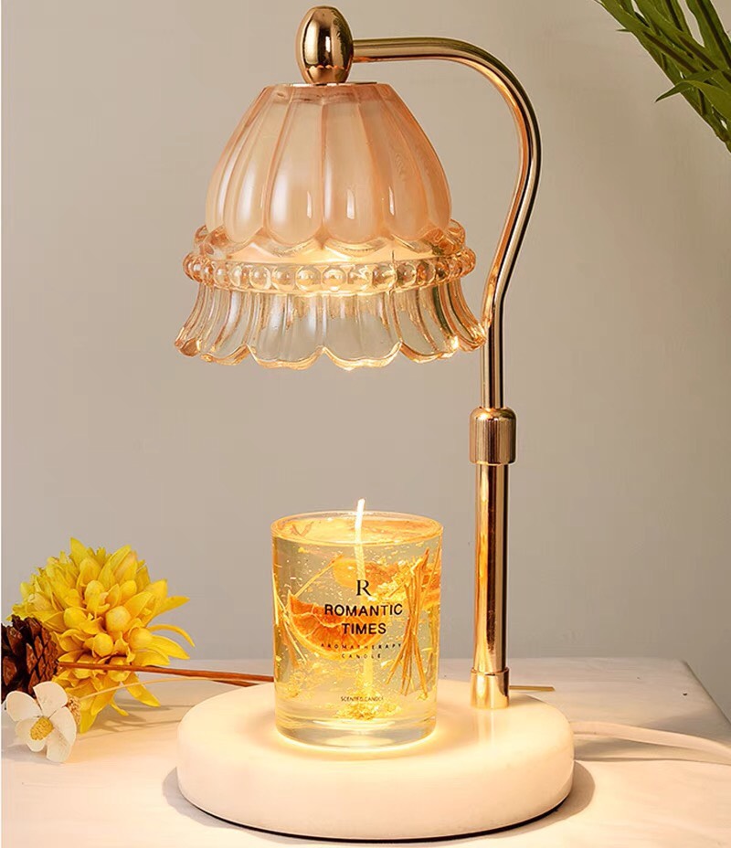 Đèn đốt nến thơm chụp hoa thủy tinh, đế đá cẩm thạch, điều chỉnh độ cao, chế độ hẹn giờ, chỉnh sáng