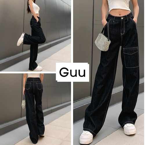 Quần đen ống rộng túi hộp vải kaki mềm [FREESHIP] Quần suông form rộng dập chỉ nổi unisex trẻ trung GUU