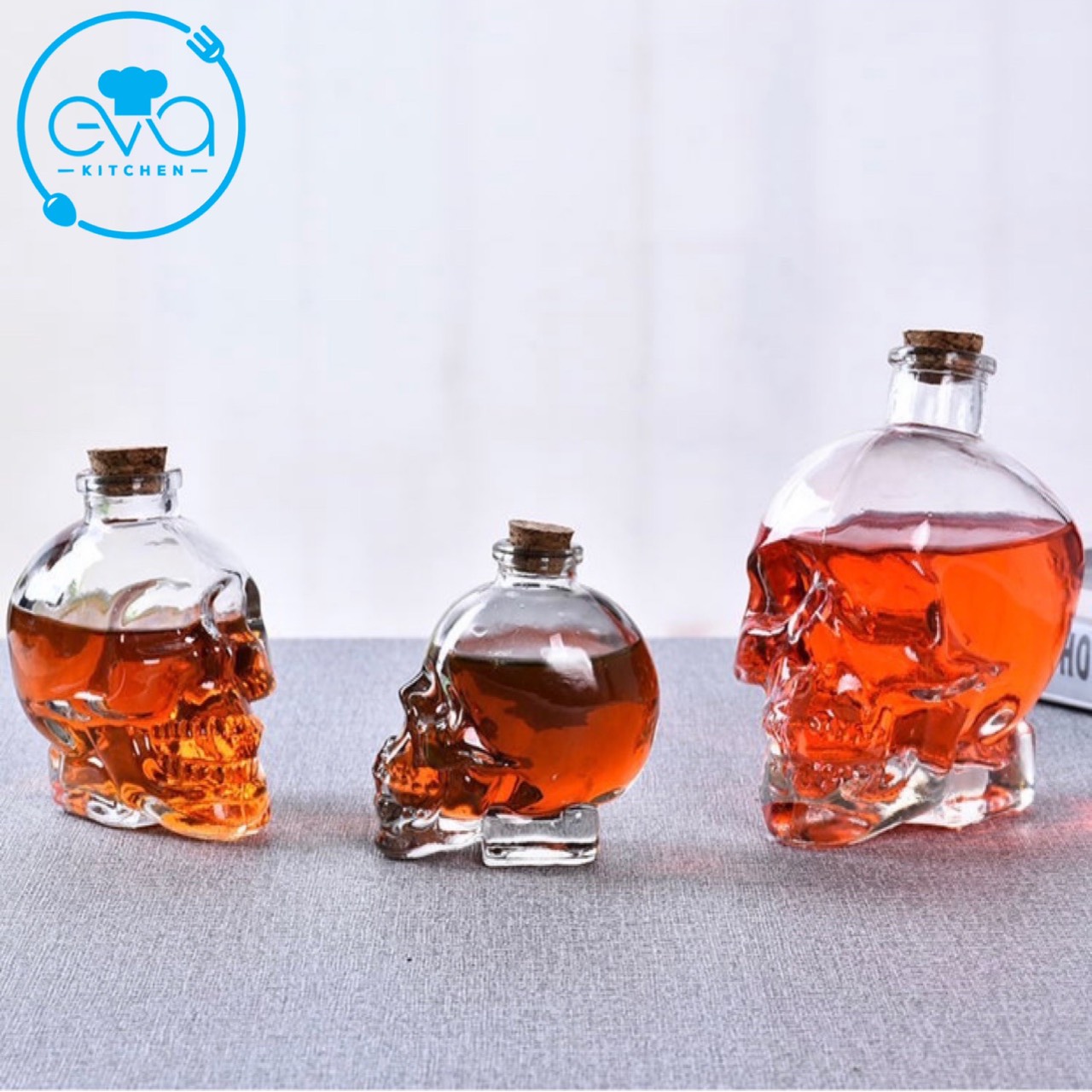 Combo 3 bình thuỷ tinh kiểu dáng đầu lâu nắp nút gỗ 100 - 180 - 350 ml m3508