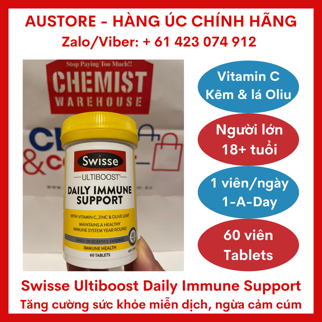 [Bill Úc] Swisse Ultiboost Daily Immune Support 60 Tablets - Viên uống Swisse Immune tăng cường sức khỏe miễn dịch, ngăn ngừa cảm cúm cho người lớn