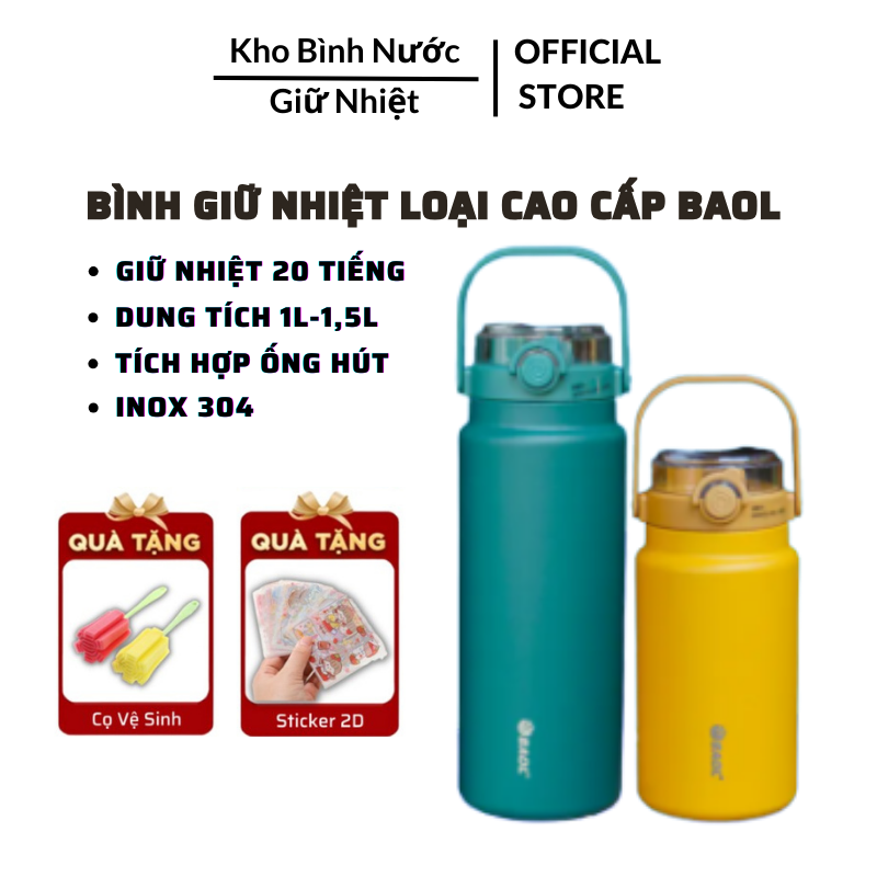 Bình nước giữ nhiệt BAOL WL27 1000ml/1500ml , Bình giữ nhiệt inox 304 cao cấp có ống hút vỏ nhám giữ