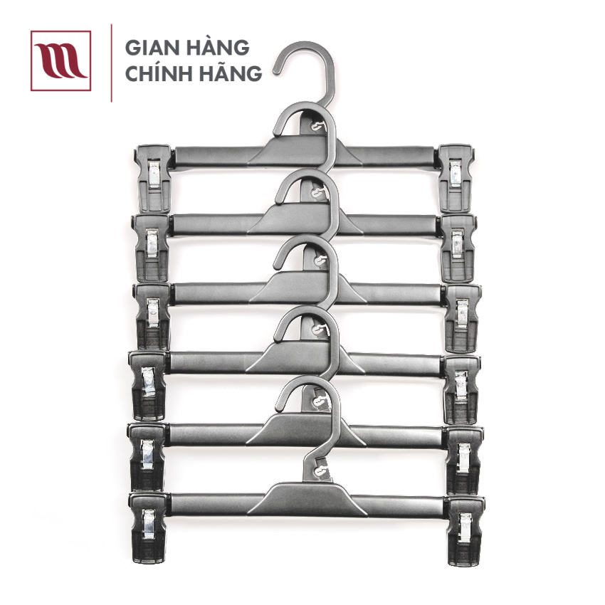 Combo 10 Móc kẹp treo quần, váy cao cấp cho người lớn, màu xám ghi, chính hãng Mainetti, độ bền cao, có 2 kẹp giúp cố định quần áo