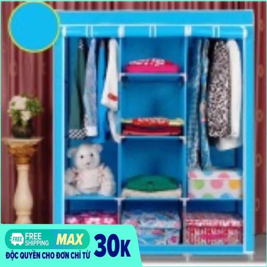 Tủ vải đựng quần áo 3 buồng 8 ngăn, Tủ vải quần áo cao cấp kiểu dáng hiện đại 3 buồng 8 ngăn (Xanh dương)