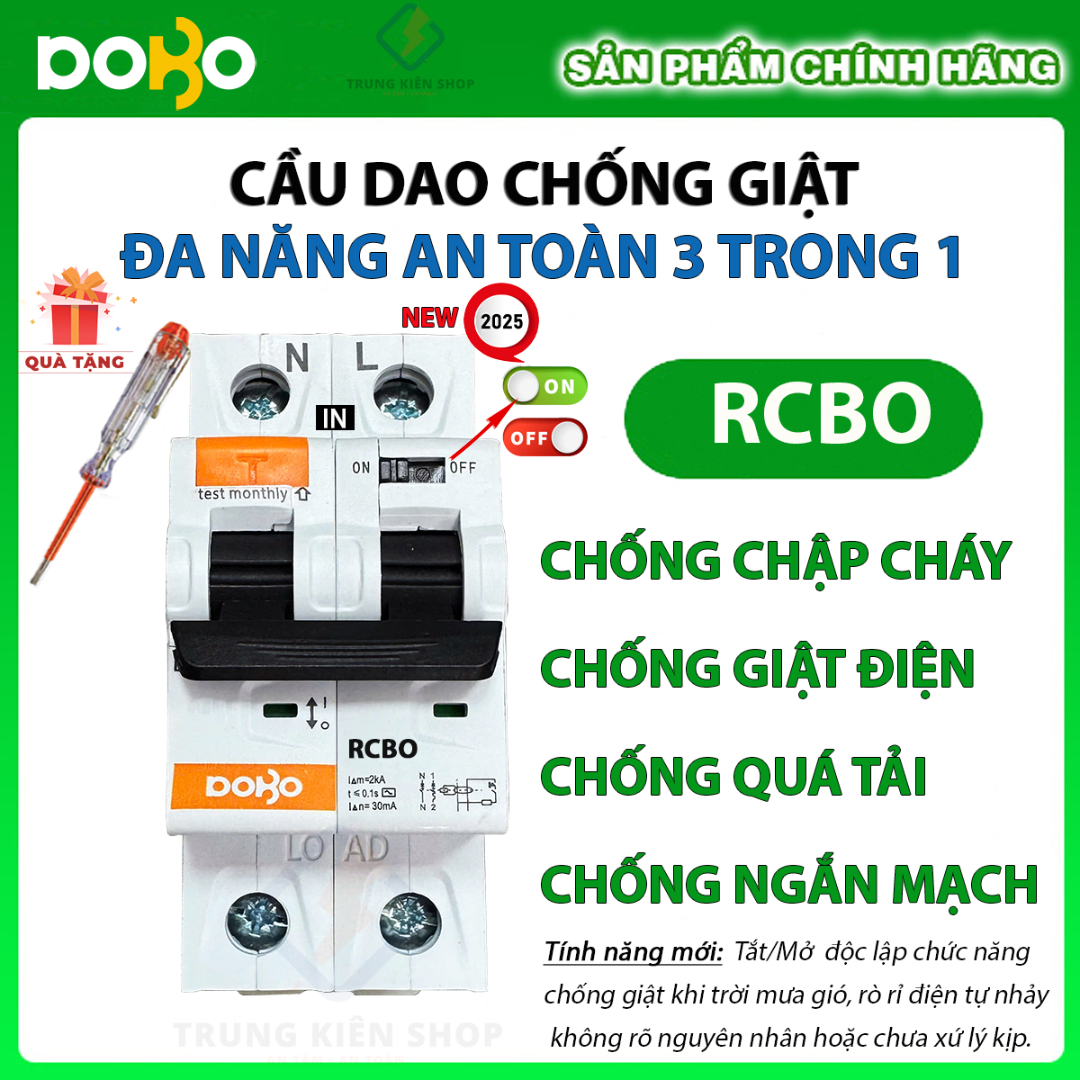 RCBO 3IN1 Cầu dao Chống Giật RCBO DOBO KOREA 2P - 30mA 6kA Aptomat chống giật - siêu nhạy - test giật trực tiếp - Hàng Tốt - DB65LE - BH 1 Năm