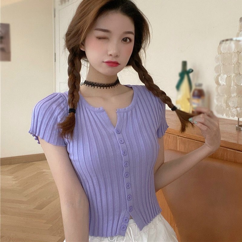 Áo len CROPTOP nữ cộc tay cài khuy cổ tròn trơn nhiều màu, Áo len dáng croptop cài cúc, Áo len mỏng dáng ngắn