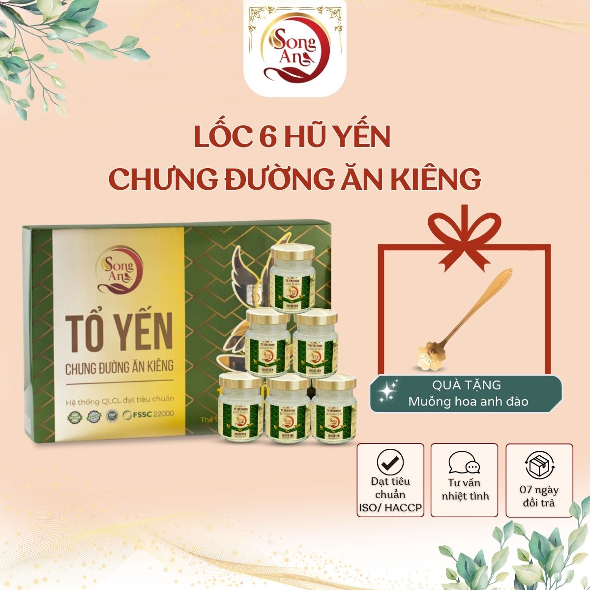 Hộp 6 hũ ,yến chưng sẵn, nước yến chưng đường ăn kiêng song an food hũ 70ml - 18% tổ yến