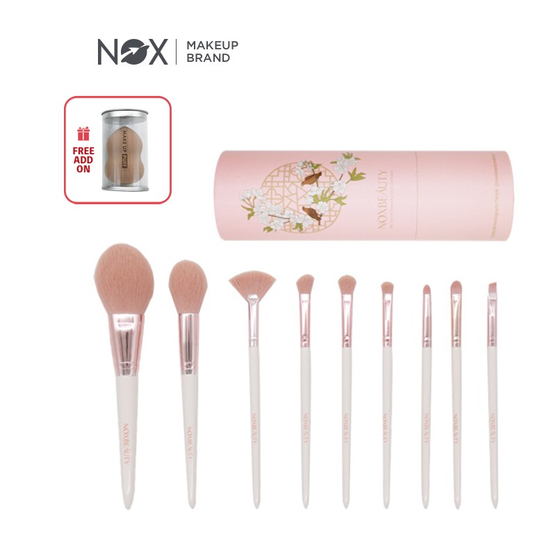 Bộ 9 cọ trang điểm NOX màu hồng mềm mại dễ dàng tán phấn kèm hộp đựng