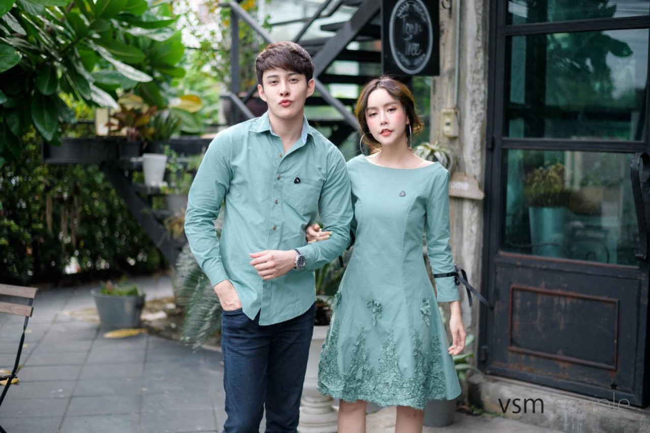 Set đồ đôi nam nữ áo sơ mi nam + đầm nữ phong cách châu âu