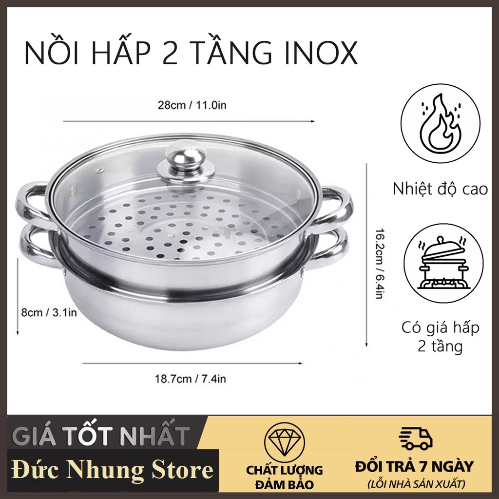 Nồi hấp inox 2 tầng - xửng hấp 2 tầng kích thước 28cm nắp kính cao cấp, cách thủy. đức nhung store