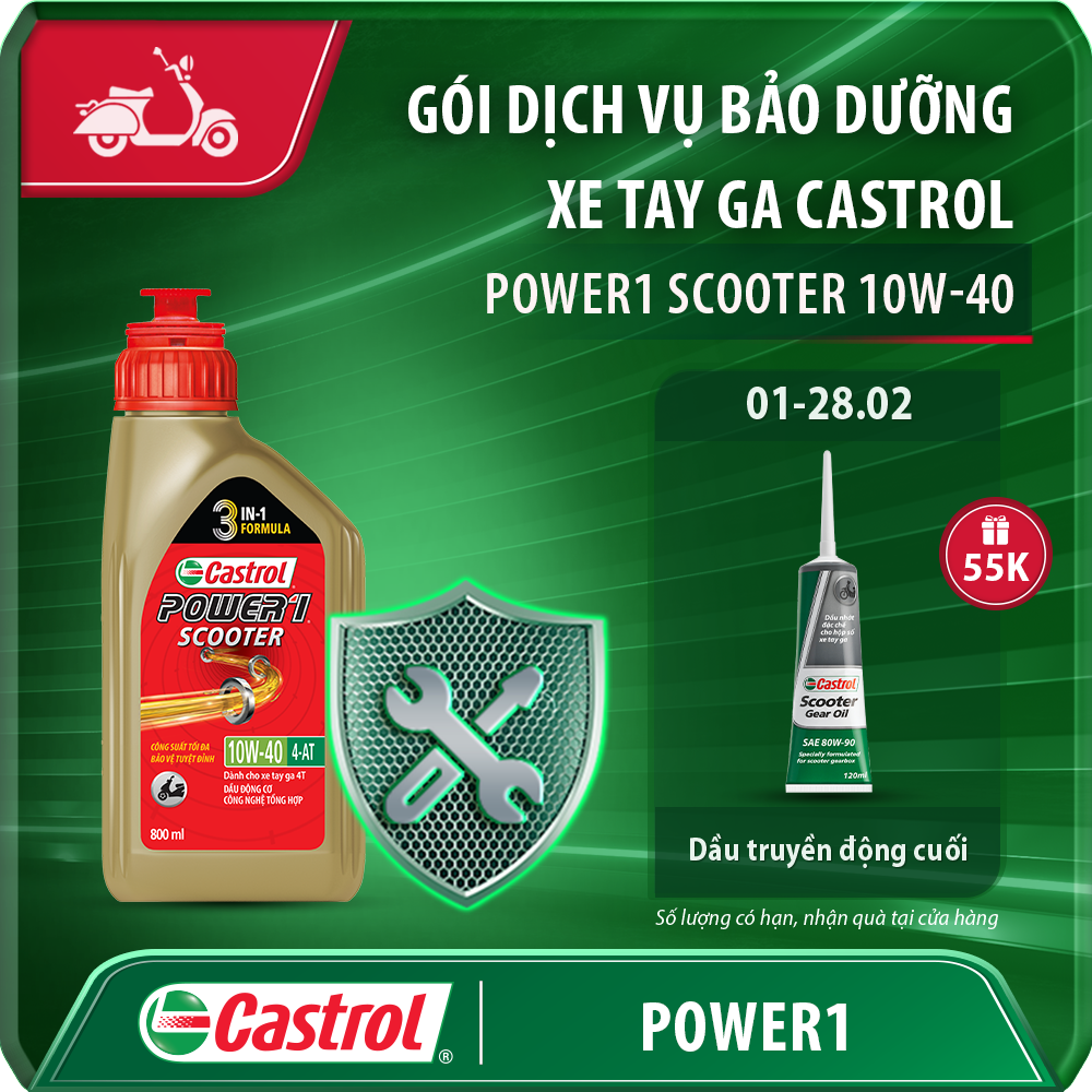E-Voucher gói dịch vụ bảo dưỡng Castrol kèm 1 chai Dầu nhớt xe tay ga Castrol POWER1 Scooter 10W-40