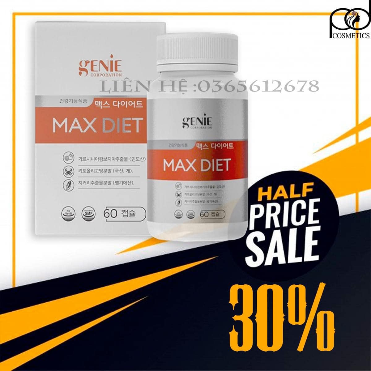 Viên giảm cân Max diet Genie chính hãng Hàn Quốc - hộp 60 viên cho cơ địa chai lỳ, khó giảm