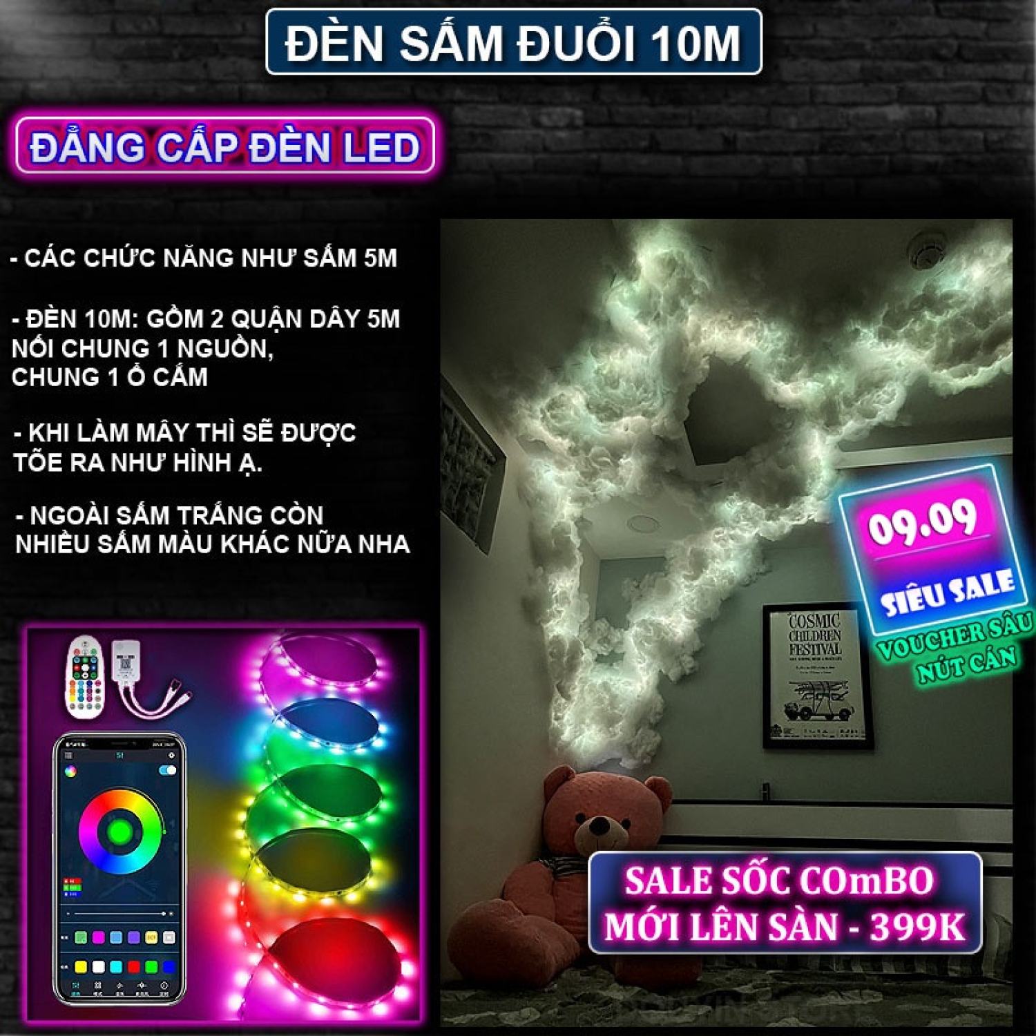 Đèn led đám mây chạy đuổi ARGB nháy theo tiếng vỗ tay, đèn mây trang trí decor phòng ngủ combo bông làm trần mây