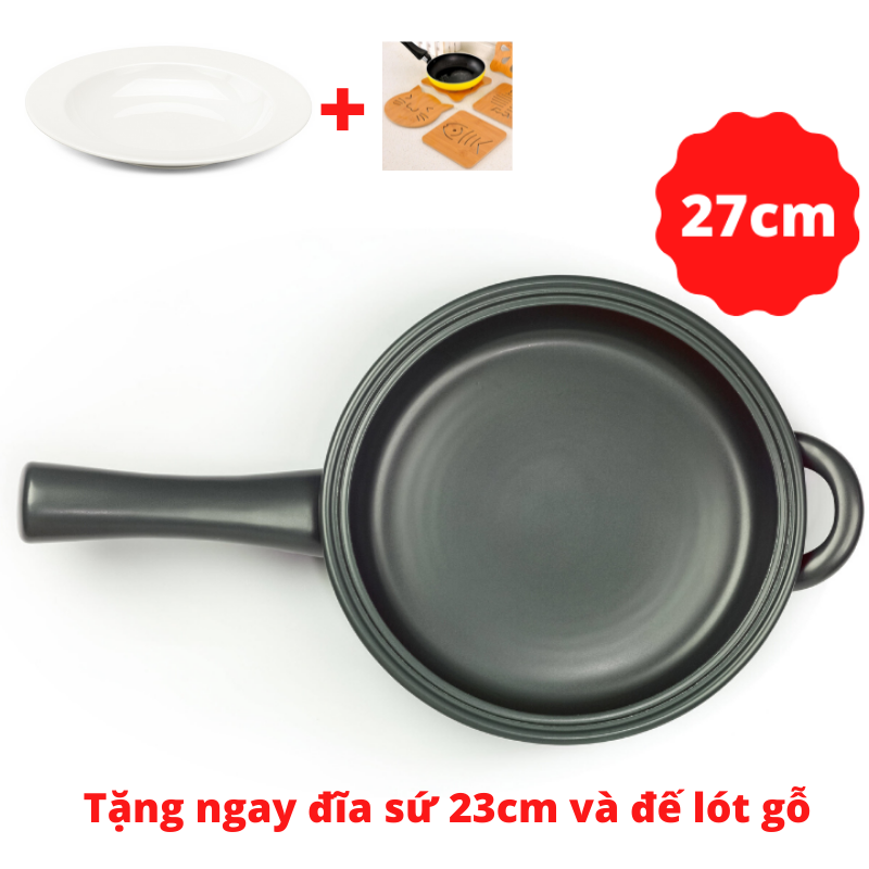 [HCM][Tặng ngay đĩa tròn lòng sâu 23cm và lót nồi bằng tre ]Chảo dưỡng sinh có tay cầm 27 cm  HealthyCook  Xanh rêu