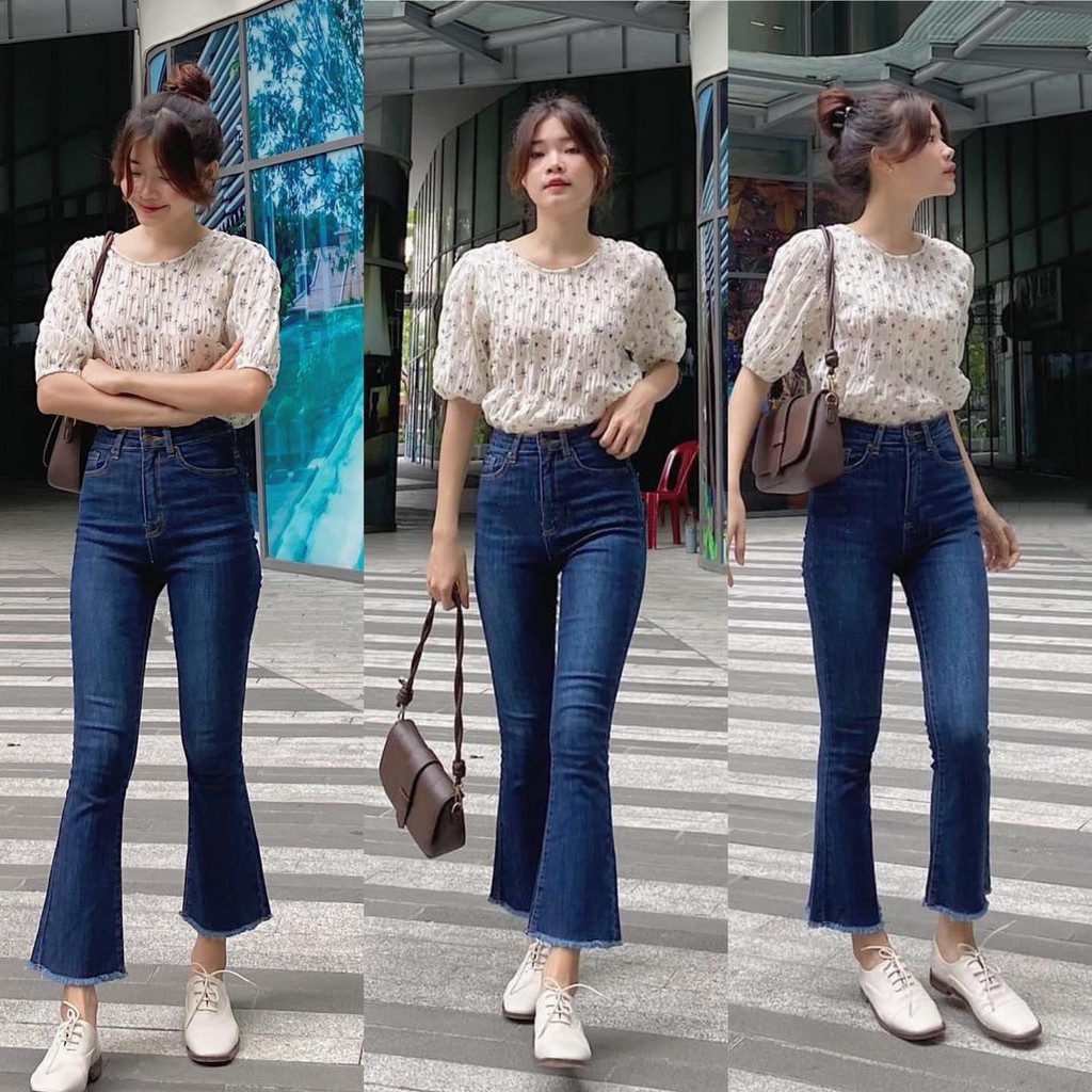 Quần jean nữ 9 tấc ống loe cạp cao Sofm Wear