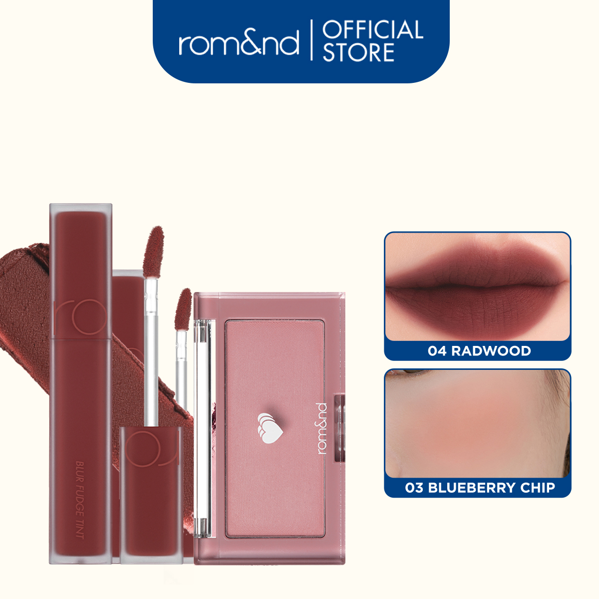 Combo Phấn má hồng Romand Better Than Cheek 3.8g + Son kem lì Romand Blur Fudge Tint 5g