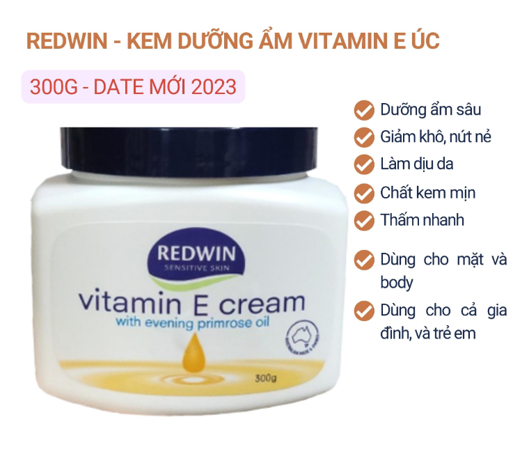 Hũ Kem dưỡng da mềm mịn REDWIN Vitamin E Cream with Evening primroseoil của Úc 300gr