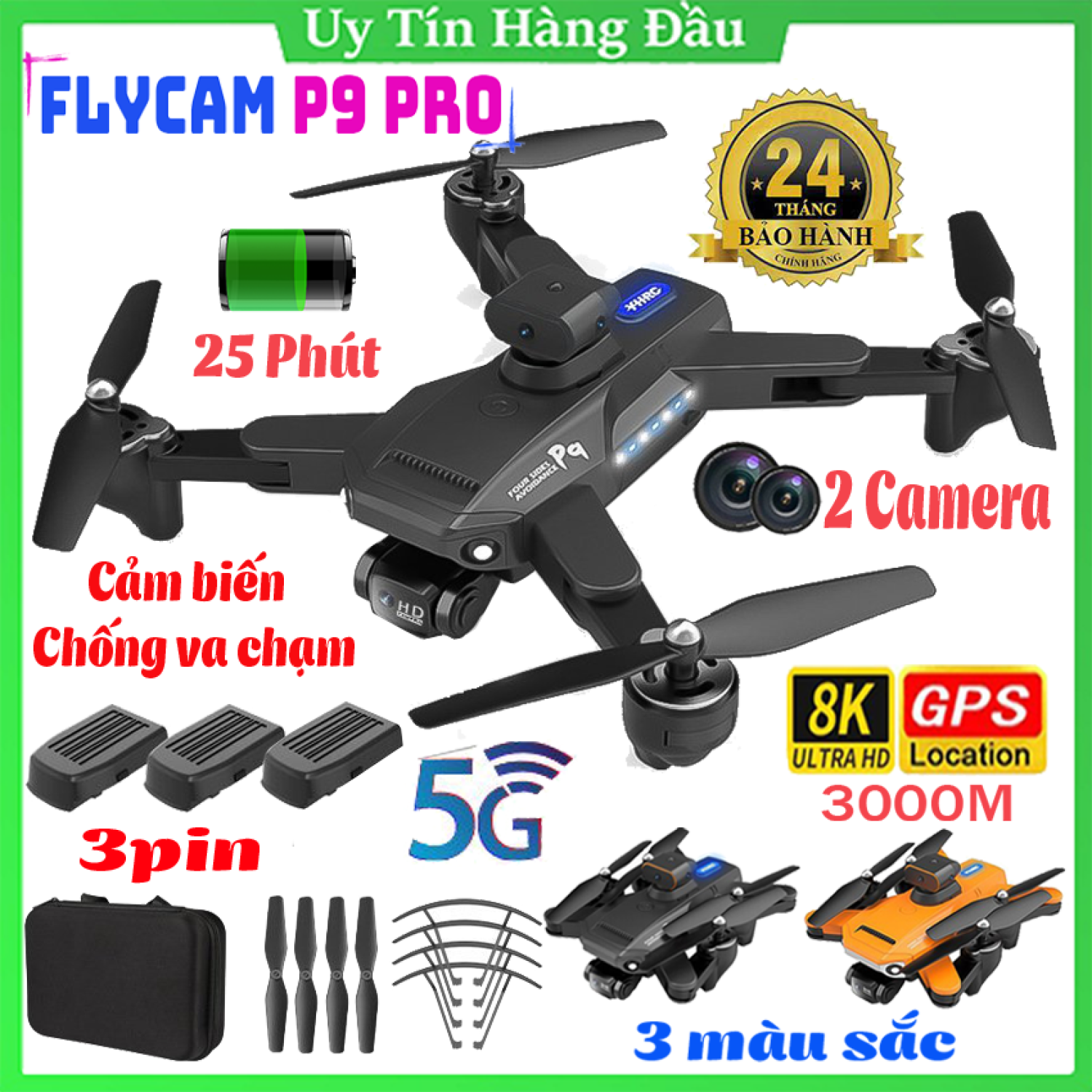 Máy bay điều khiển từ xa Flycam P9pro có camera, Flycam drone 4K P9 Pro, Flycam giá rẻ, Máy bay camera mini, Play cam mini, Fly cam 2 camera, động cơ không chổi than, cảm biến chống va chạm 360