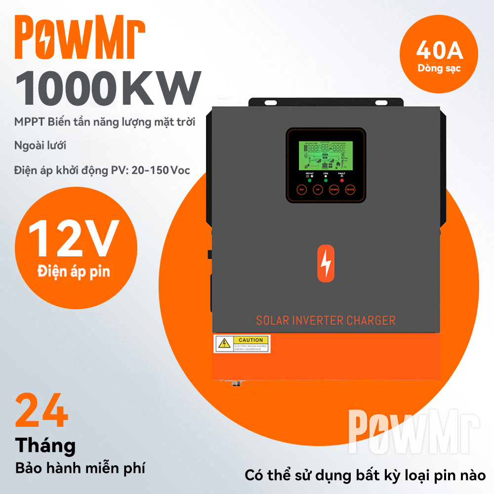 PowMr 1KW Biến tần lai ngoài lưới với Bộ điều khiển sạc năng lượng mặt trời 80A MPPT DC 12V 24V đến 230V AC Max PV 150Vdc Biến tần sóng sin tinh khiết