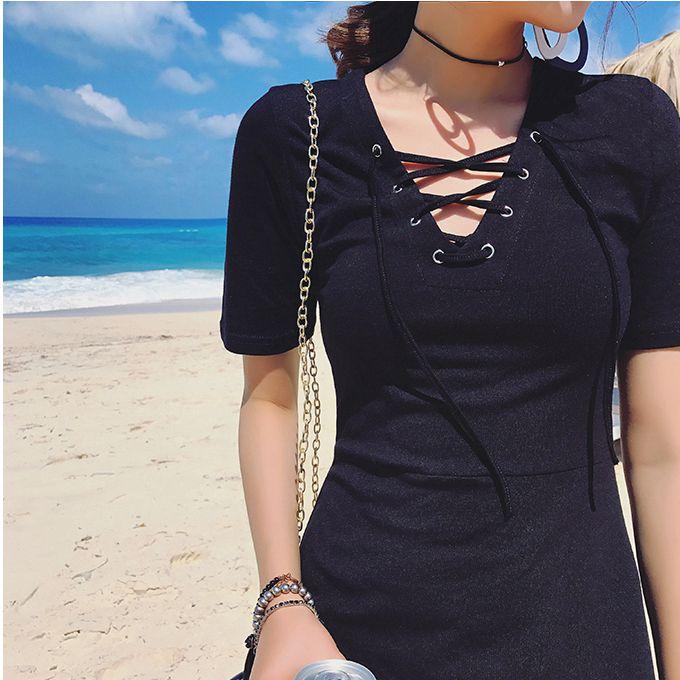 Đầm thun cổ V đan lưới- Camlyn