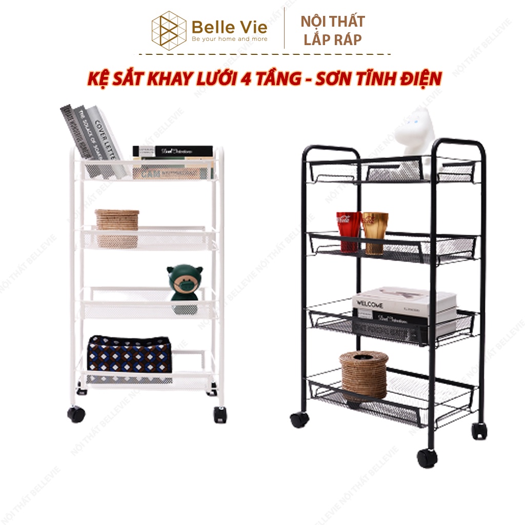 Kệ sắt đa năng 4 tầng - kệ đa năng khay lưới sơn tĩnh điện có bánh xe tiện lợi