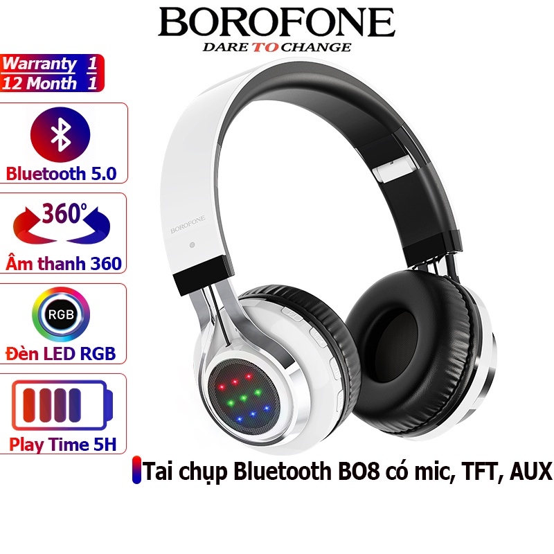 Tai nghe chụp tai không dây BOROFONE BO8 chống ồn nghe nhạc 5 tiếng, Headphone có khe thẻ nhớ, bluetooth - Chính hãng