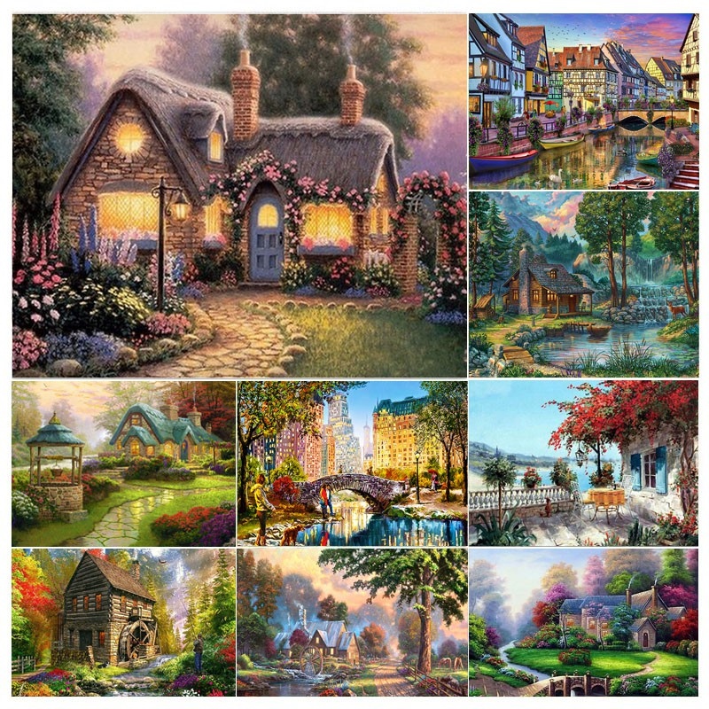 ♀♈ Tranh đính đá phong cảnh tranh gắn đá thiên nhiên đồng làng quê tự làm FAMILY86