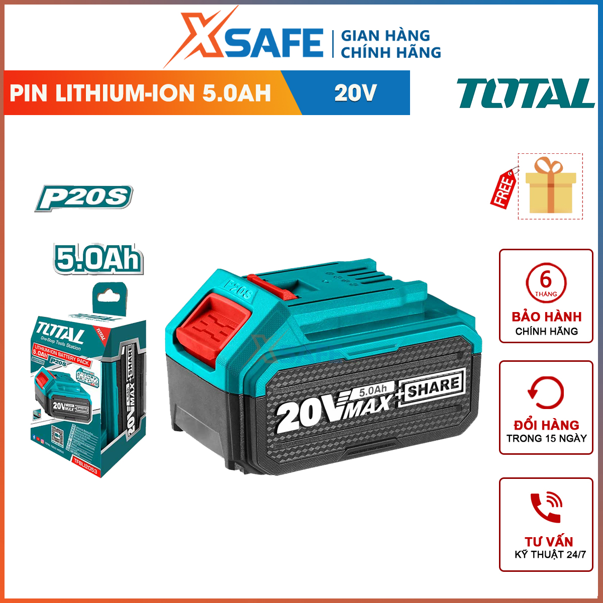 Pin lithium-ion total tfbli2053| pin sạc lithium dung lượng pin 20v/ 5.0ah, phù hợp nhiều dòng máy ingco total - xsafe