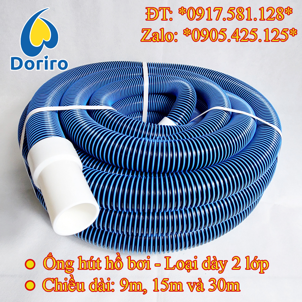 Ống hút nước hồ bơi 15 mét – Loại dày 2 lớp, màu xanh đậm và đen từng khoanh tròn. Ống mềm hút nước hồ bơi chuyên dụng.