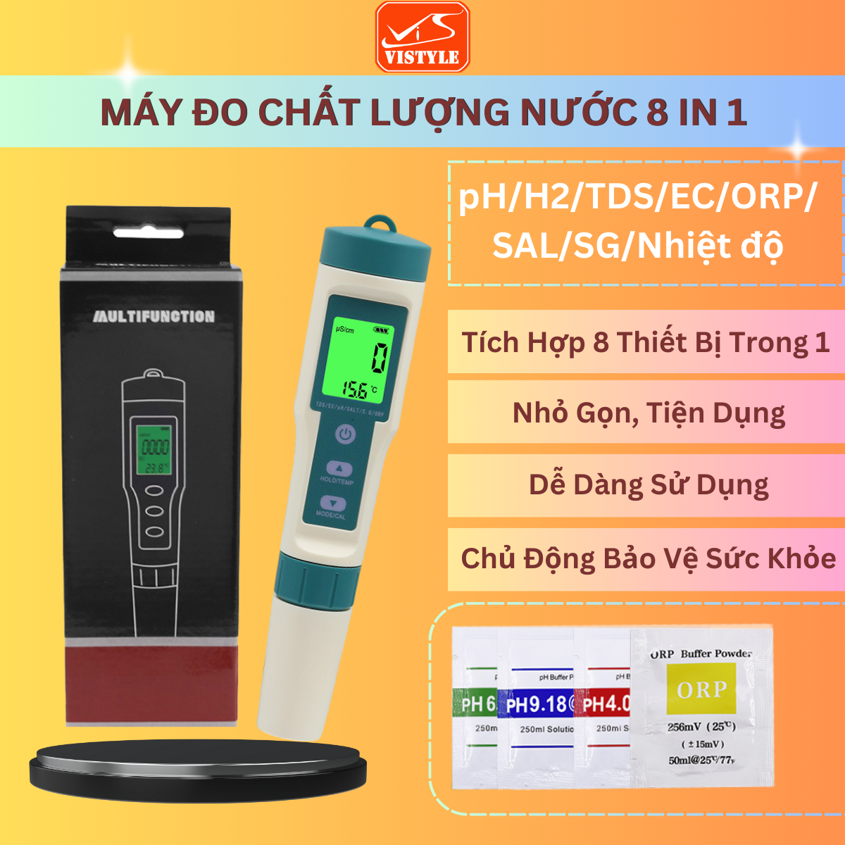 Máy đo chất lượng nước 8 trong 1, bút đo tds, ec, ph, độ mặn, orp, hydro, sg, nhiệt độ độ chính xác cao, nhỏ gọn, dễ sử dụng - vistyle