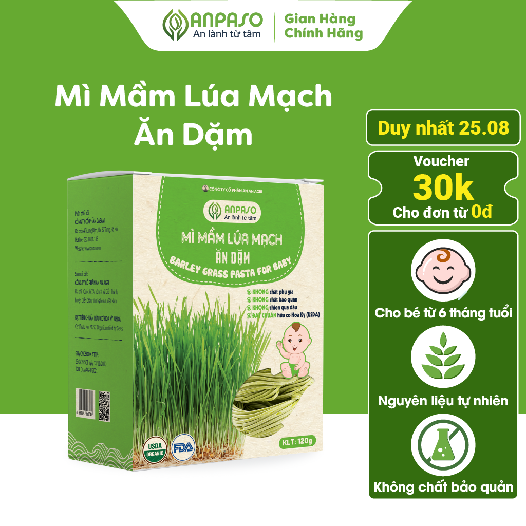 Mì ăn dặm mầm lúa mạch anpaso organic blw, kiểu nhật cho bé từ 7 tháng bổ sung chất xơ, cải thiện táo bón 120g
