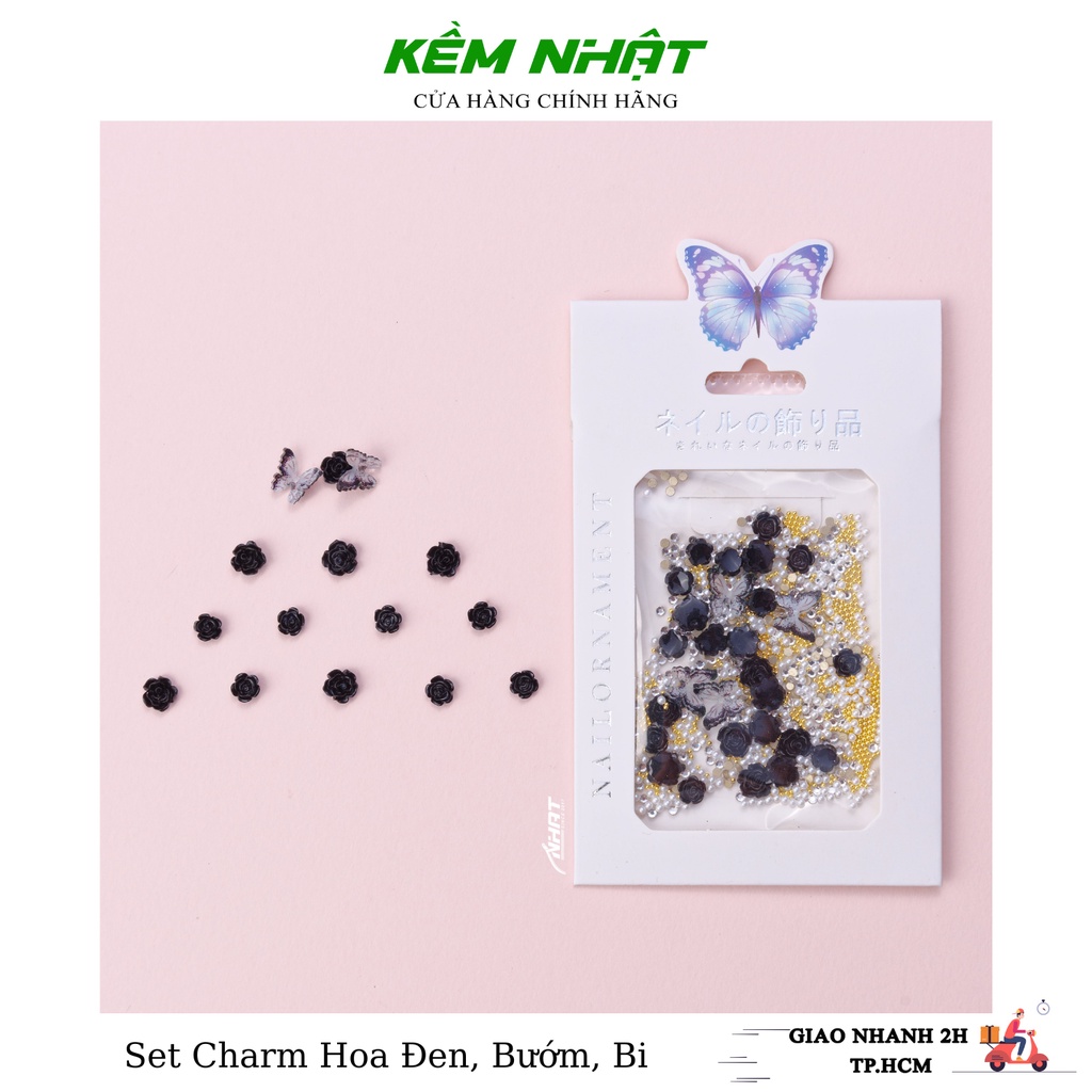 Set charm hoa đen, bướm, bi đính móng