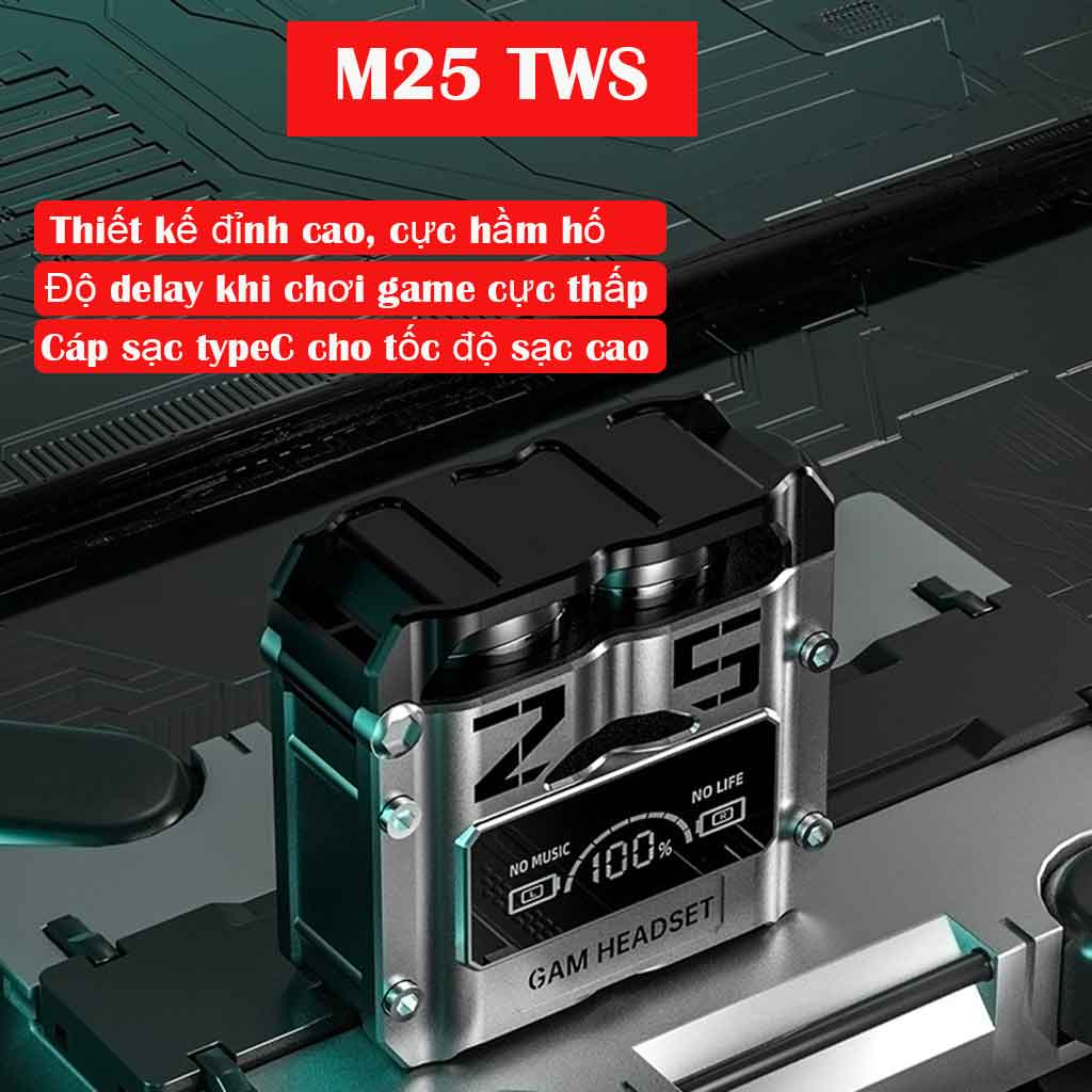 Tai nge bluetooth true wireless m25 bluetooth 5.3 độ trễ thấp pin trâu 5 tiếng chống ồn chủ động enc kiêm sạc dự phòng - bh lỗi 1 đổi 1