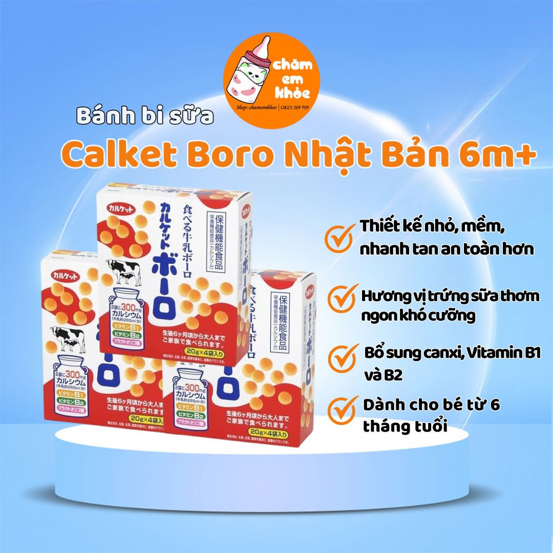 Bánh Bi Men Sữa Calket Boro Nhật Bản Cho Bé Ăn Dặm 6m+ Hộp 80g Với 4 gói x 20g Bổ Sung Canxi, Sắt, Xơ Giàu Sữa, Trứng