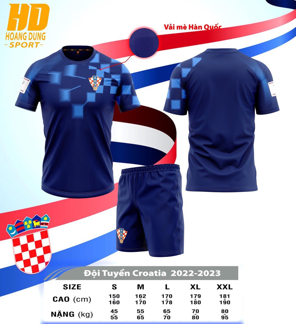 Quần áo bóng đá, đồ đá banh đội tuyển croatia 2022 2023 trắng đỏ và xanh đen- thun lạnh cao cấp, không nhăn, không xù lông