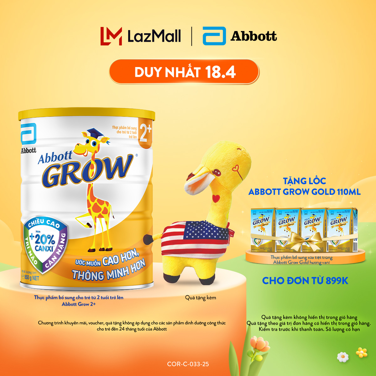 [CHỈ 18.4 TẶNG QUÀ CHO ĐH 899K-SLCH] Sữa bột Abbott Grow 2+ 850g tặng Hươu bông cờ Mỹ