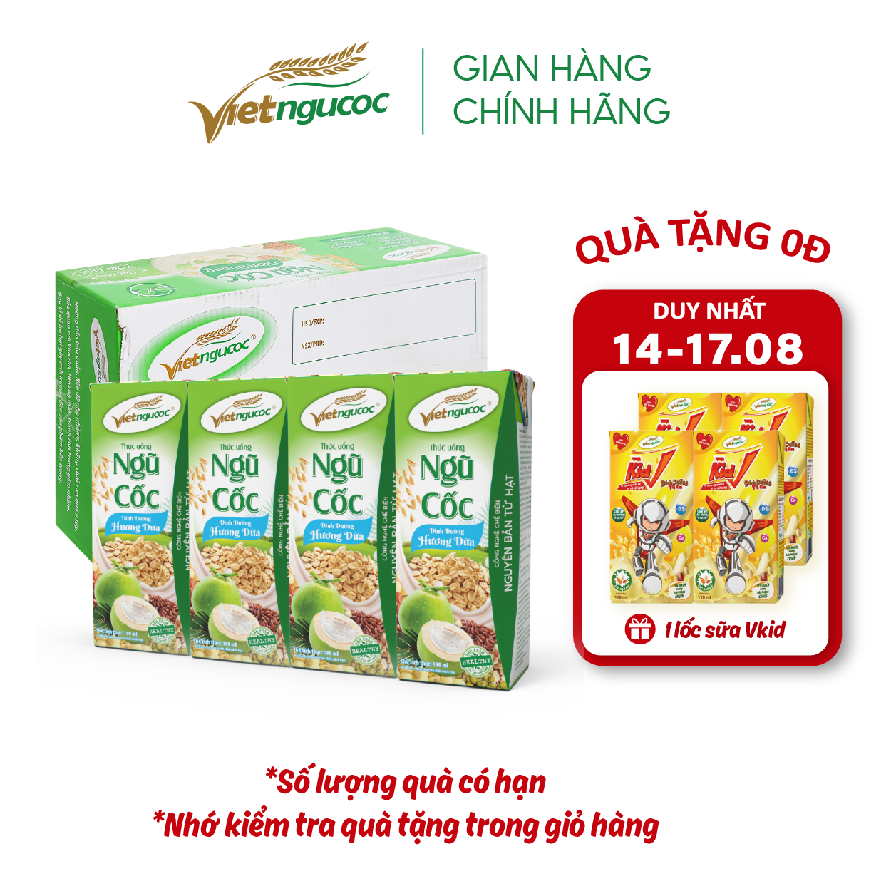 [MUA LÀ CÓ QUÀ] Thùng 48 Hộp Sữa Ngũ Cốc Dinh Dưỡng VIỆT NGŨ CỐC Hương Dừa Thơm Béo Uống Liền 180ml