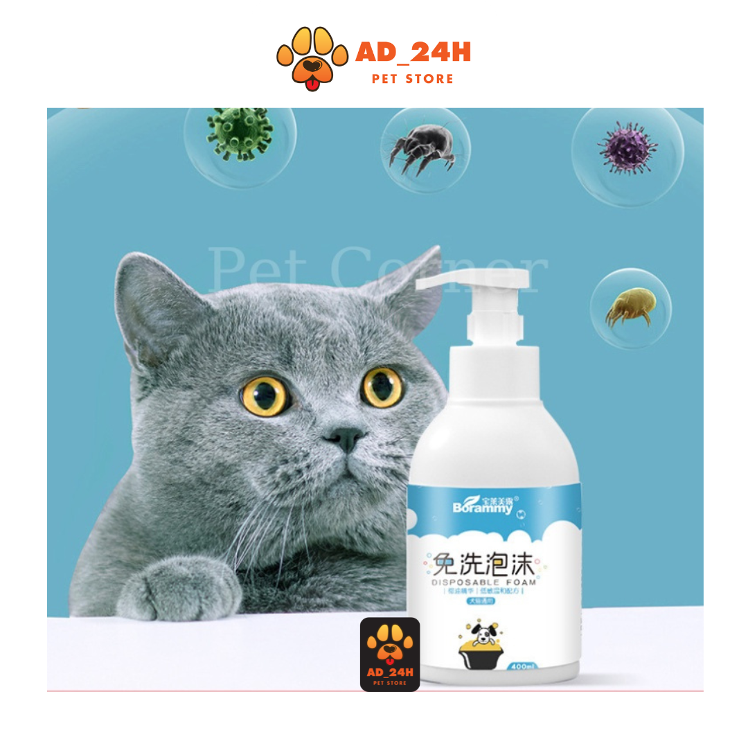 [Siêu Sale Tết] Sữa tắm khô cho chó mèo Borammy dạng bọt giúp khử mùi, diệt khuẩn và dưỡng lông (400ml)