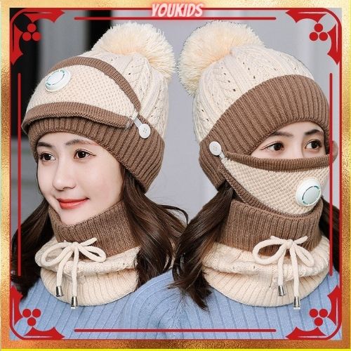 Mũ Len Nam Nữ Hàn Quốc Thời Trang Kèm Khăn Choàng Cổ + Khẩu Trang Có Van Thở Ấm Áp Cho Mùa Đông