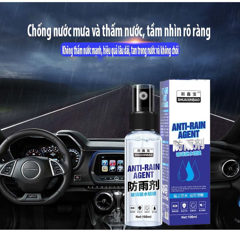 Chai xịt phủ nano chống mưa cho kính trước xe, cửa sổ xe, gương chiếu hậu (100ml)