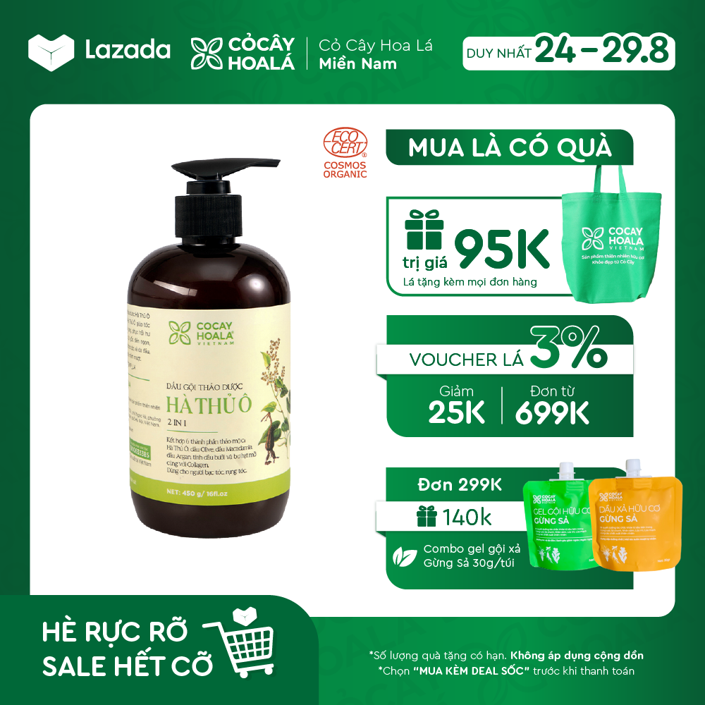 Dầu gội thảo dược hữu cơ Cocayhoala Hà thủ ô Cân Bằng Sắc Tố Melanin, Giúp Mọc Tóc, Đen Tóc